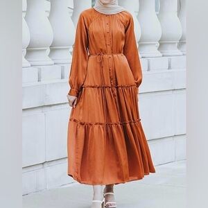 Orange Satin Maxi Dress . Adobe Waist Tie Tiered. Small. New. Lined Modest Chick